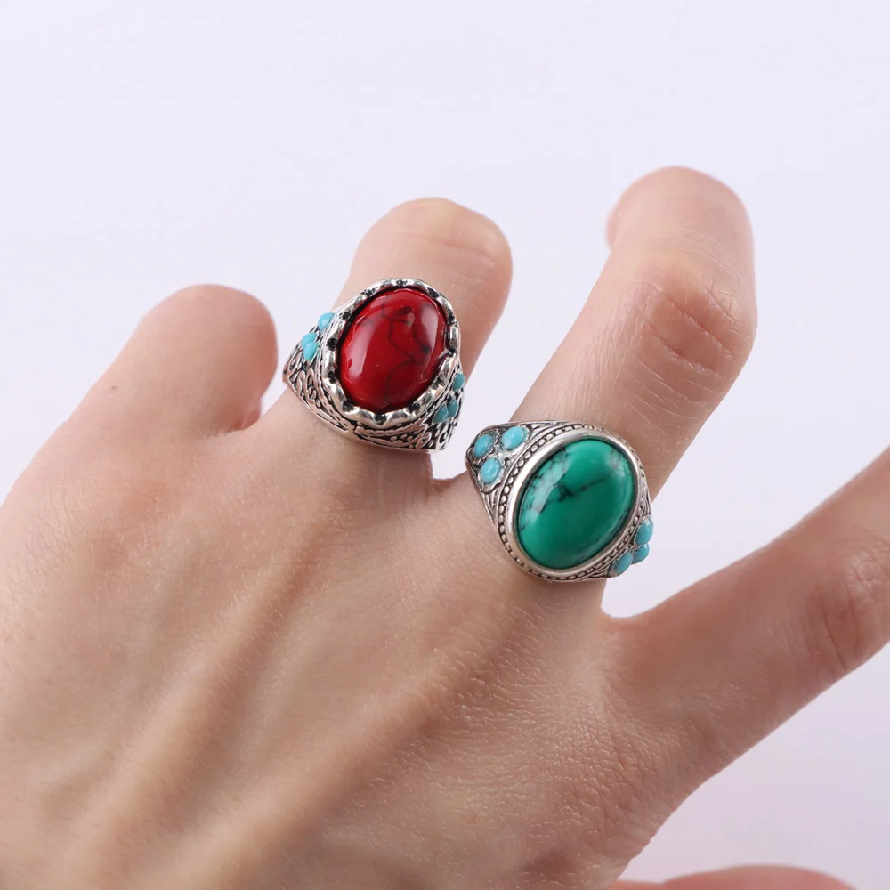 10/20/30/50Pcs/Lot Vintage Turquoise Stone Rings For Women Men Mix Style Color Retro Geometry Jewelry Party Gifts Wholesale