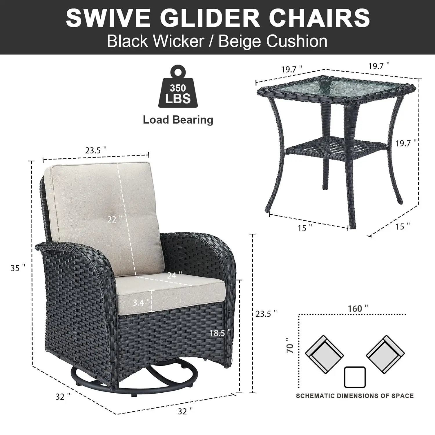 new 3 Pieces Black Wicker Patio Furniture Outdoor Swivel Rocker Patio Glider Chairs Set of 2 with Side Table Beige, Customized