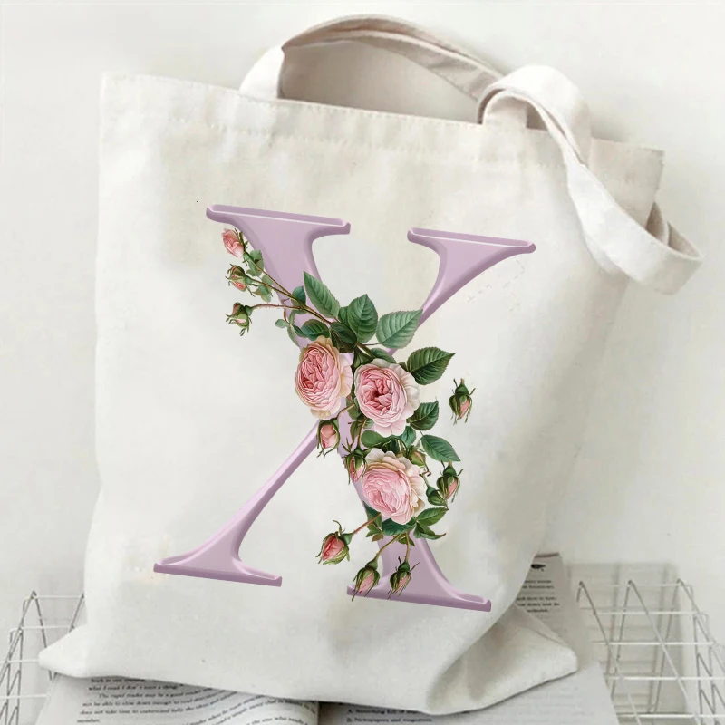المرأة حقيبة قماشية الورود الأرجواني A-Z 26 إلكتروني طباعة الإناث قابلة لإعادة الاستخدام حقيبة تسوق حقائب الطلاب كتاب حقيبة كتف حقيبة يد