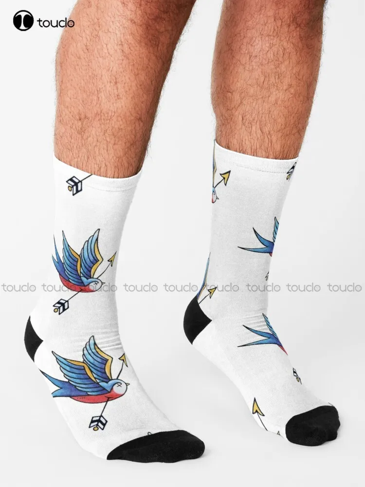 Wounded Blue Swallow Tattoo Socks Men'S Socks Cartoon Comfortable Best Girls Sports Street Skateboard Socks 360° Digital Print