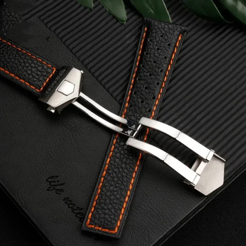 Tali Jam Tangan Kulit Asli untuk TAG Heuer MONACO CARRERA CAW211R/P Gelang Jam Tali Kulit Sapi Cetak Leci Gelang Pria 22Mm