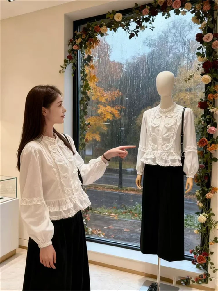 

Romantic Sle White Wooden irt Spring New Trend Women's Casual Slim Fit Long Sve Faionable Top for Young Women