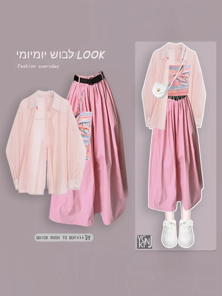 

Slim Fit Long Sleeve Pink Sun Protection Shirt Asymmetrical Design Casual Style Women's Premium Feeling Half Skirt