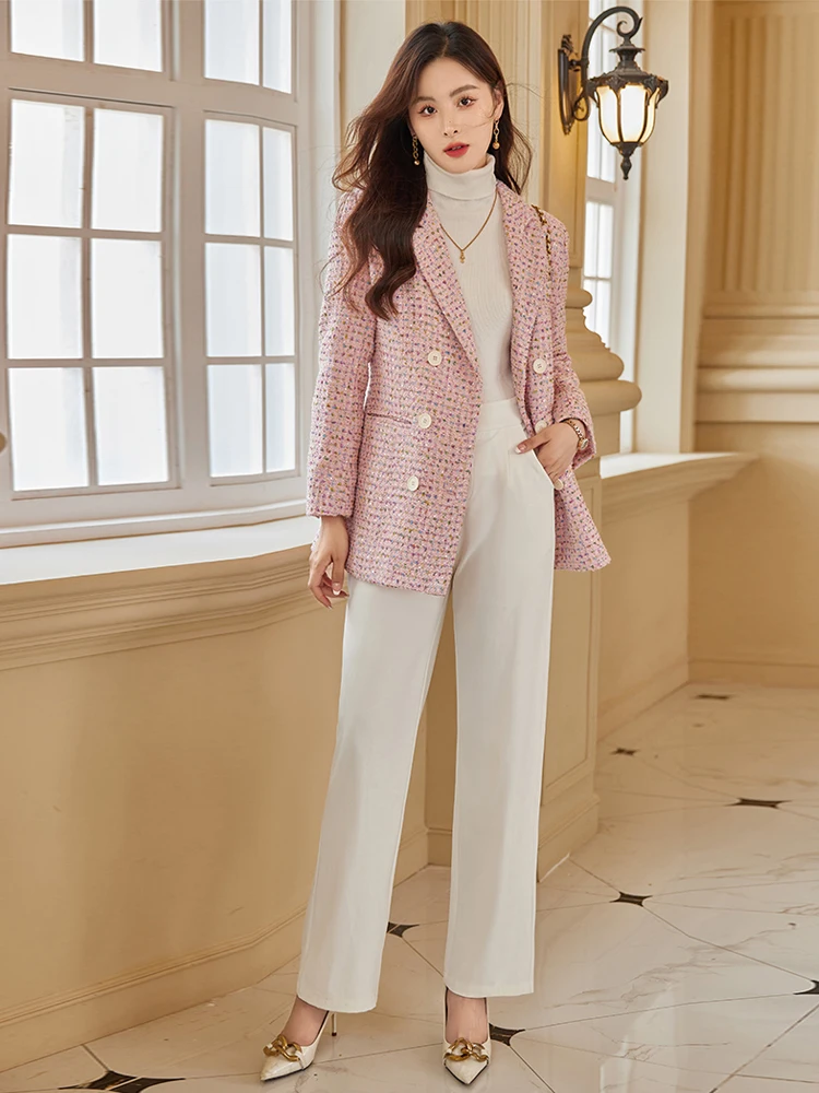 Pink Women tweed Suit Blazer 2023 Fall winter Large size Double breasted Ladies jacket Multicolour Luxury Clothing INKEO 3O100