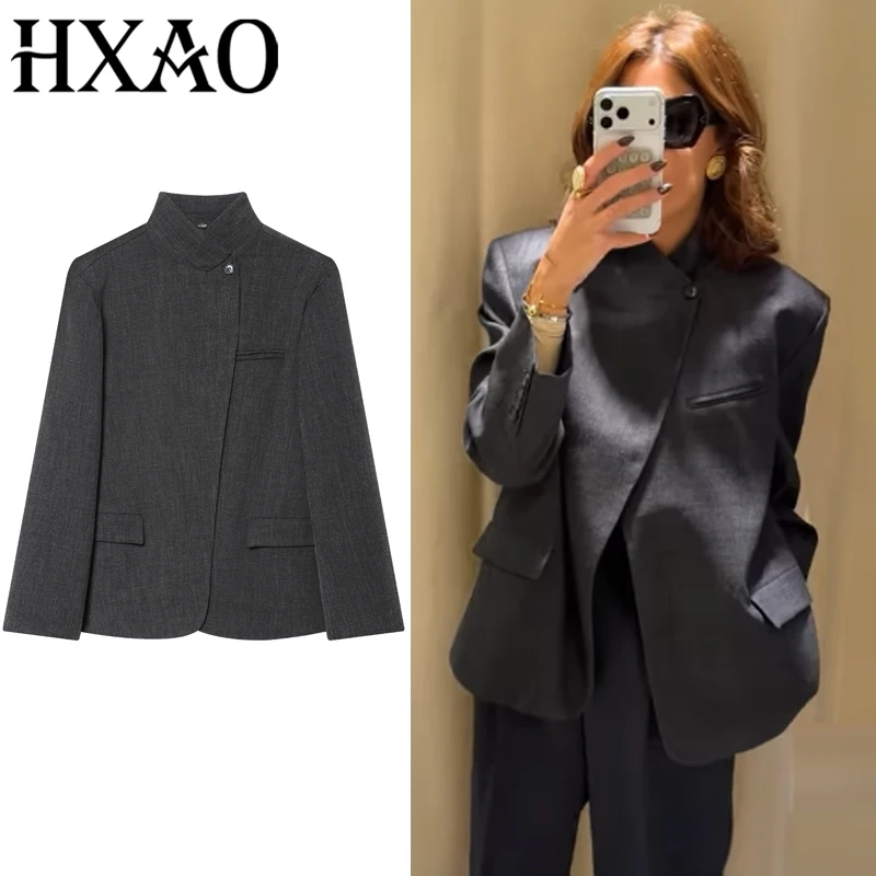 HXAO 2025 Damenjacke, Herbstgrau, asymmetrische Oberbekleidung, neu in Mänteln und Jacken, Langarm-Tops, Damen-Outdoor-Jacken mit Knöpfen