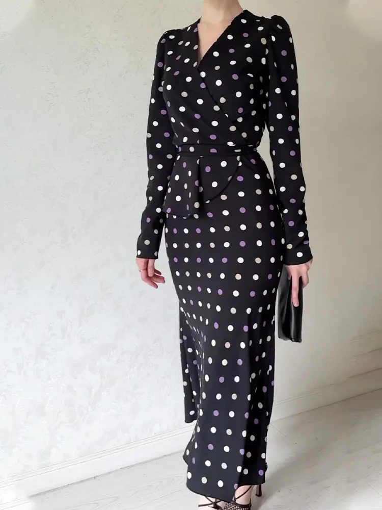 Polka Dot Long Dresses Women French Elegant Vintage Hip Wrap Dress Ladies Autumn Long Sleeve V Neck Slim Lace Up Maxi Dresses