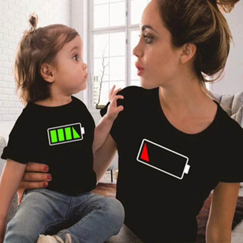 Funny Battery Print Family T Shirt Daddy Son Family Matching T-shirts Parent-child Family Clothes Kids Casual Tops Tee