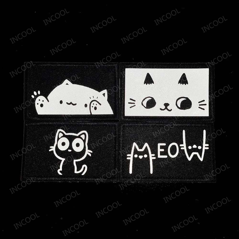 Cartoon Cat Reflective Patches Lovely Cute Kitten Expression PVC Rubber Funny Meow Badge For Backpack Clothing Cap Bag Appliqued