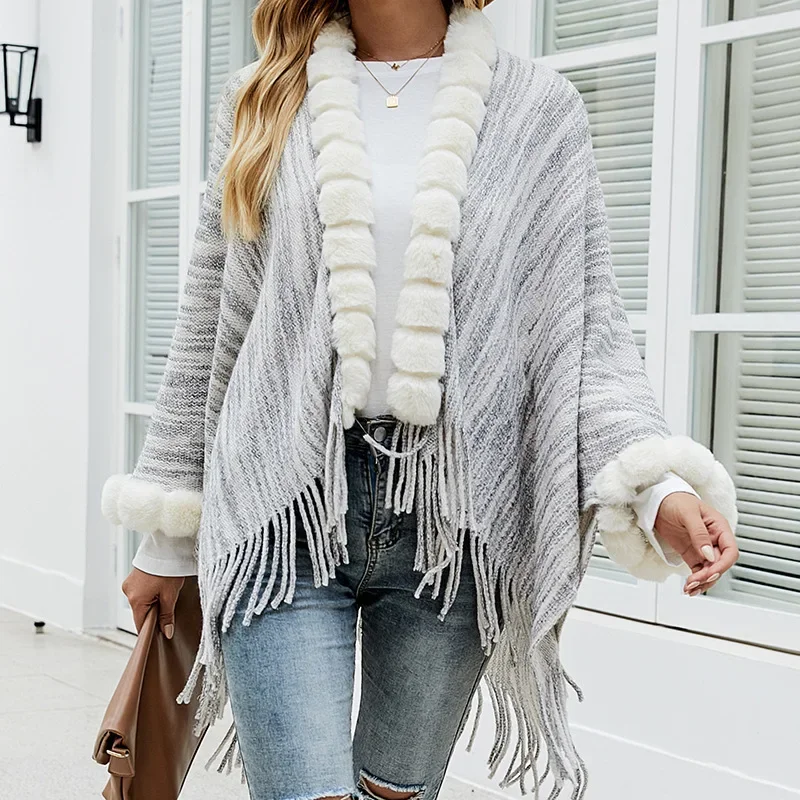 Autumn Winter Warm knitted Imitation Wool Collar Tassel shawl Fashionable Upscale Poncho Lady Capes Beige Cloaks