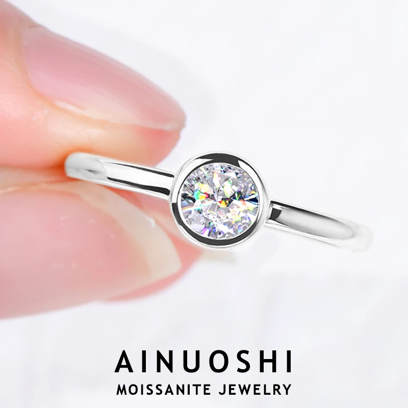 

AINUOSHI 5MM 0.5CT Bezel Moissanite Solitaire Ring Original Certified 925 Sterling Silver Rings for Women Wedding Jewelry Gift