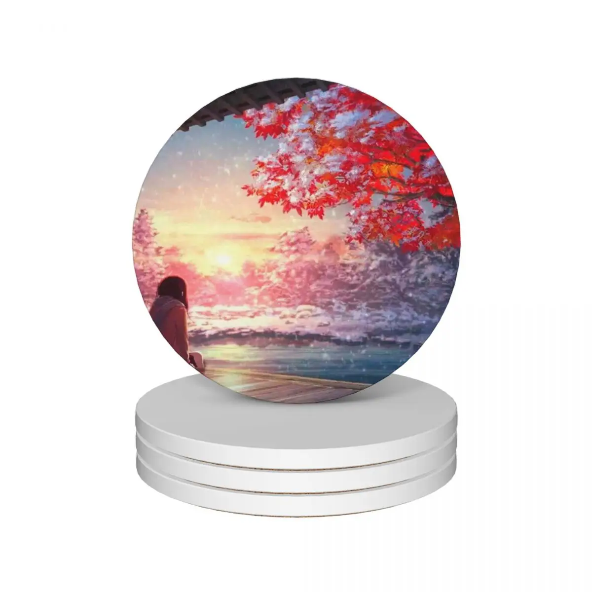 

Anime Sunset Ceramic Coasters (Set of 4) flower tea cup holders ceramic set for cups set Coasters