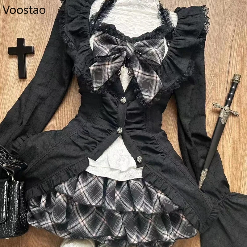 Conjunto de 3 piezas de estilo Lolita estético Y2k para mujer, camisola blanca Kawaii con lazo, Tops de manga larga, minifalda a cuadros, traje de falda gótica japonesa