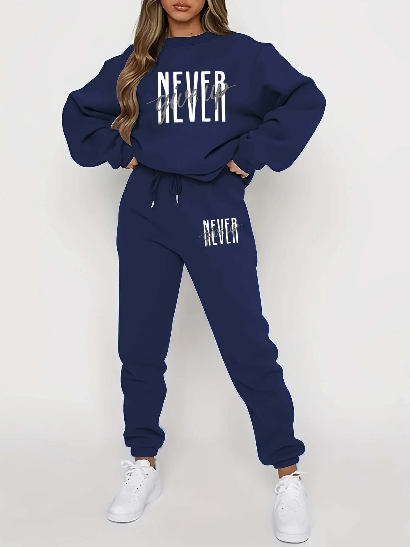 Women's autumn and winter hip-hop casual NEVER give up letter printed round neck sweatshirt+sweatpants set warm clothing