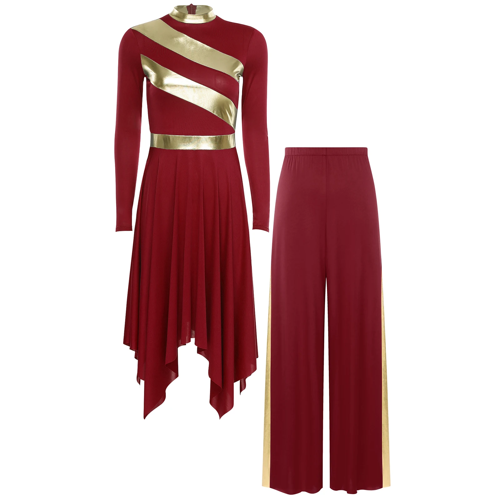 

Womens Liturgical Modern Dance Costume Metallic Patchwork Worship Praise Dance Wear Irregular Hem Lyrical Dress+Wide Leg Pants