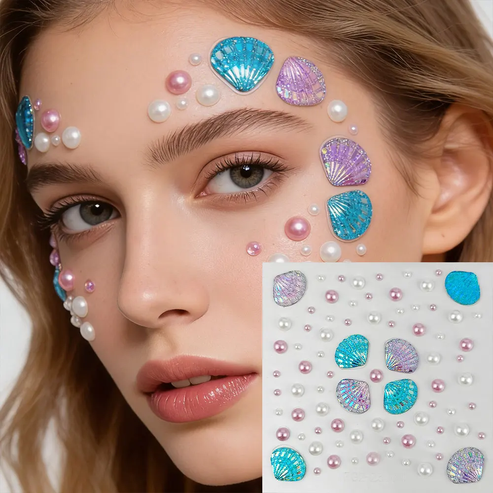 1Pcs Mermaid & Star Face Gems Stickers 3D Rhinestone Crystal Pearl Shell Star Moon Temporary Tattoo Stickers Girls Makeup Decor