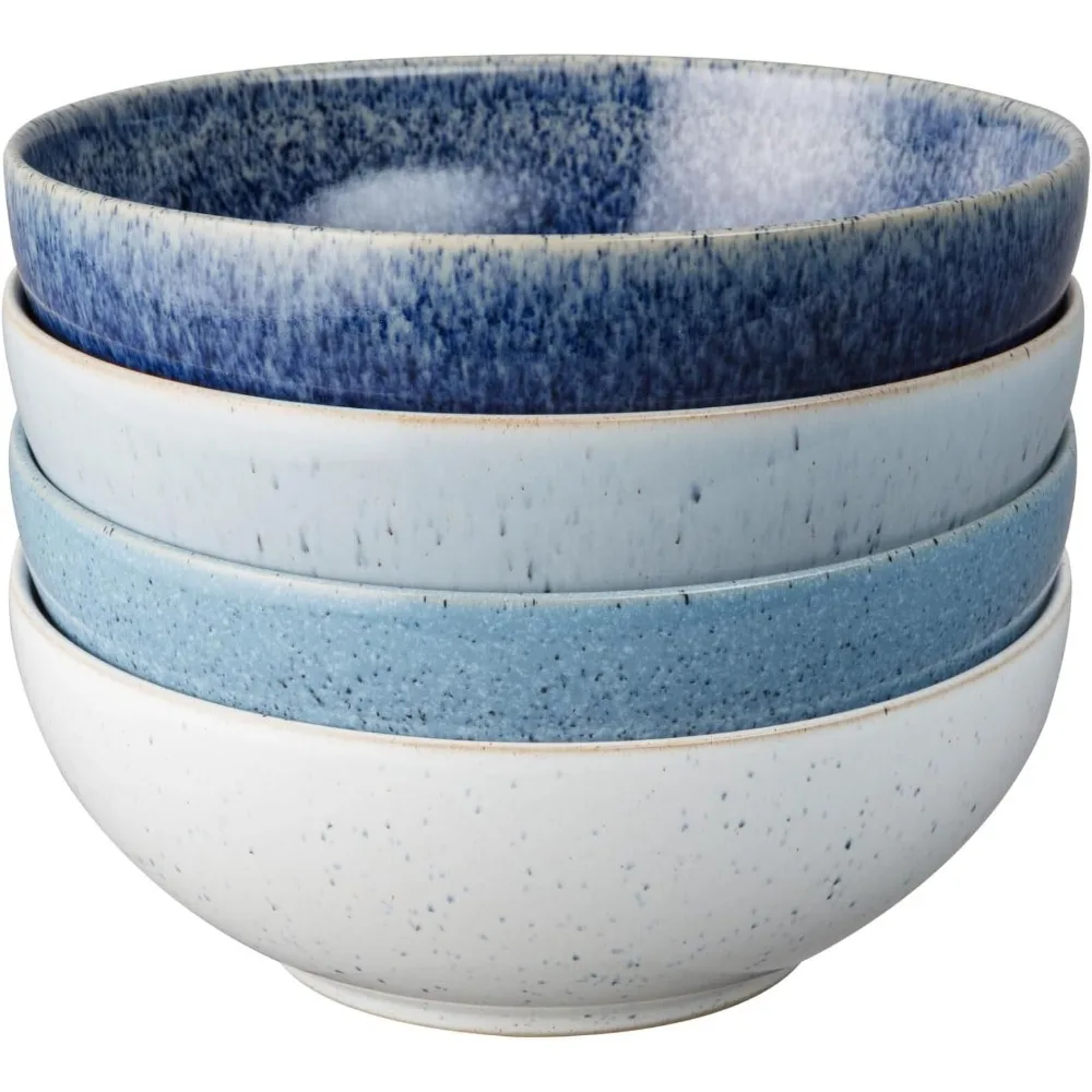 Denby Studio Blue 4-Piece Cereal Bowl Set - 800ml Capacity, 15.5cm Diameter, Dishwasher and Microwave Safe Ceramic Stoneware Tab