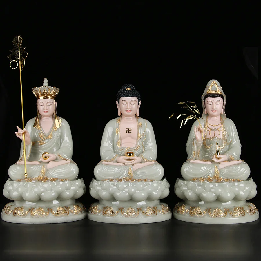 White Jade Powder Hand Carved Triratna Buddha Statue Sakyamuni Guanyin Ksitigarbha Wholesale