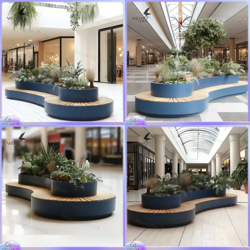 Curved Wrought Iron Flower Box Seat Integrated Bench Metal Planter Commercial Square Garden Furniture Outdoor Landscape