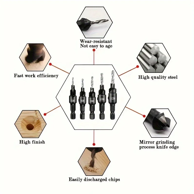 SIQICNC 5PCS Woodworking Countersunk Head Drill And Chamfering One Piece Hexagonal Handle Countersunk Fried Dough Twist Drill