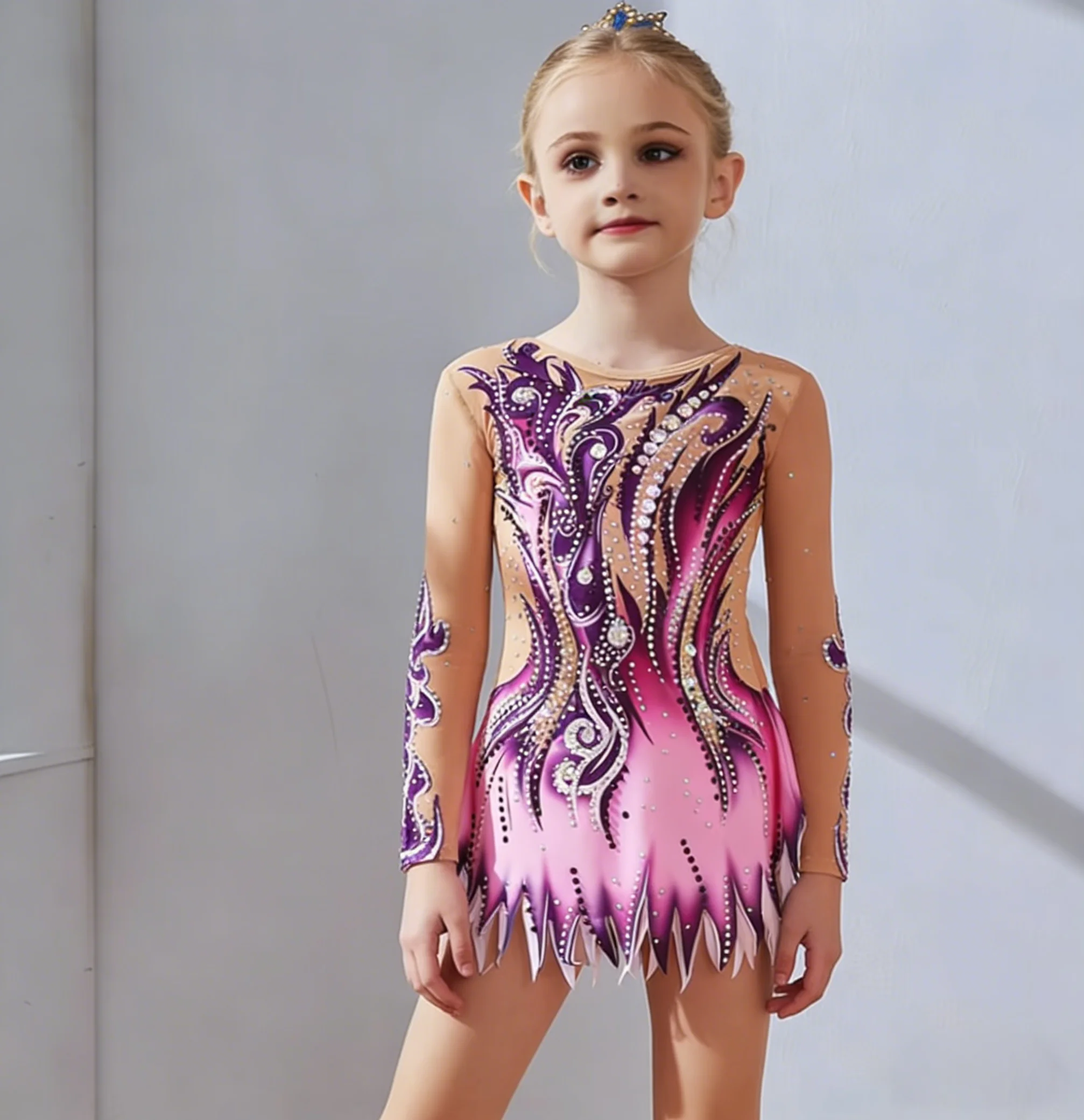

Girls Luxury Rhinestone Rhythmic Gymnastics Leotard Purple Gradient Figure Skating Dress Long Sleeve Competition Performance