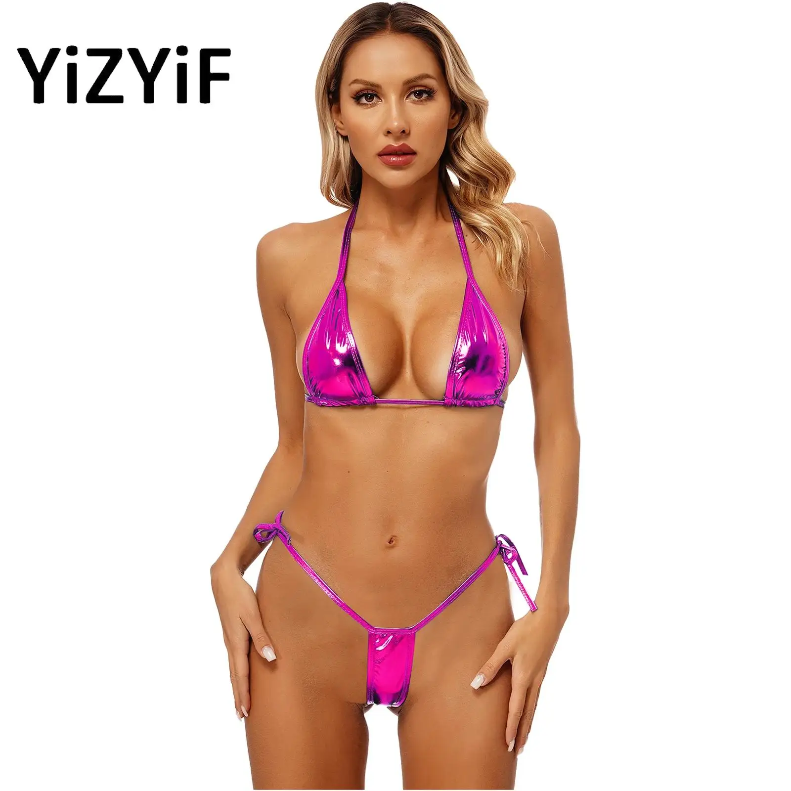 

Metallic Bikini for Women Sexy Retro Shiny Swimsuits Bathing Suit Lace-Up Halter Triangle Bra Tops Side Tie G-String Thong Set