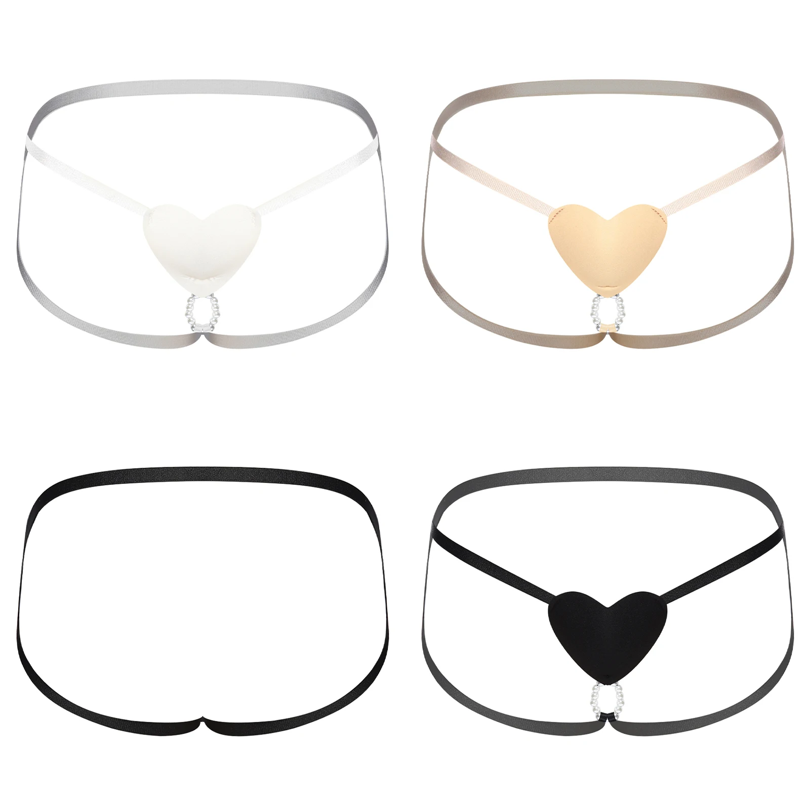 Men Hollow Out Micro G-string Thongs Heart Patch Faux Pearls Ring Spaghetti Straps Briefs Underwear for Pride Parade Festival