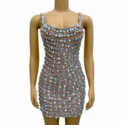 Sexy Sparkly Rhinestones Gown Cultivation Suspenders Short Dress Women Evening Birthday Party Show Elegant Photoshoot Costume