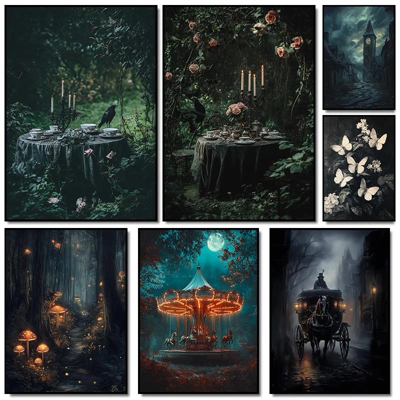 Póster Artístico Retro Estilo Academia Oscura, Pueblo Abandonado, Campestre Ecléctico, Cuadros en Lienzo, Decoración de Pared para el Hogar