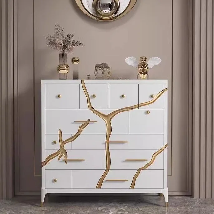 French painted chest of drawers, light luxury solid wood European champagne silver foil bedroom drawer decorative locker s