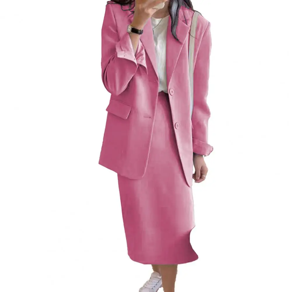 Women Coat Skirt Set Commuting Suit Elegant Women's Office Suit Set with Lapel Coat High Waist Midi Skirt for Stylish