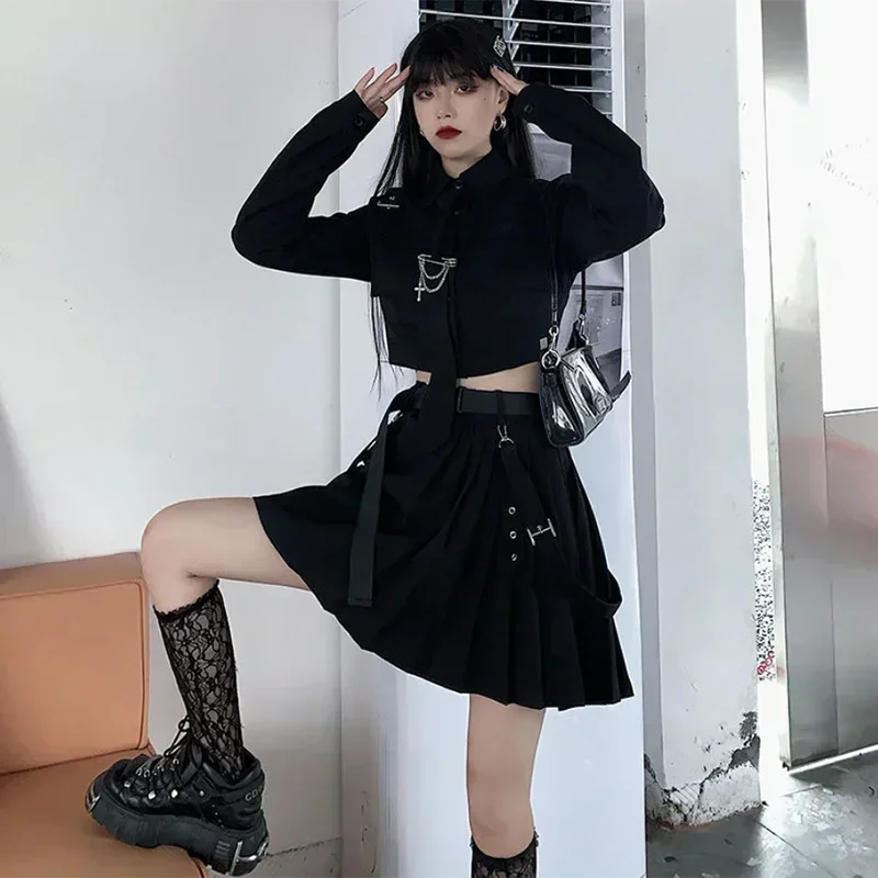 Gothic Black Punk Emo Two-Piece Skirt Spring Y2K Alt Clothes Kpop JK Uniform Punk Chain Ribbon Skirts Women 2 Piece Suit Female view 2