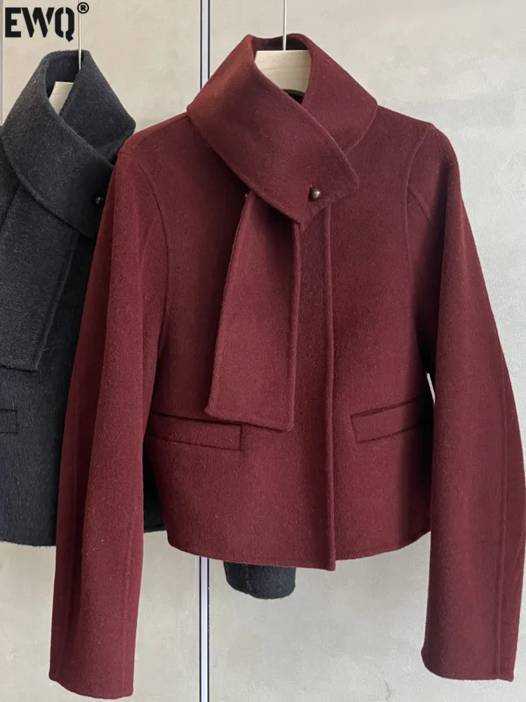 [EWQ] Double-faced Cashmere Coat Woolen Coats Short Overcoat O-Neck Long Sleeve Tops Gift Scarf Beautiful Clothing 2024 Autumn