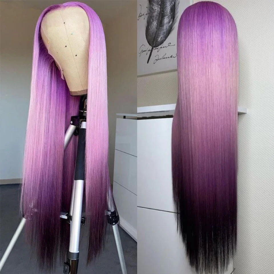 

100% человеческие волосы 13X4, прозрачный кружевной фронтальный парик для женщин, косплей, фиолетовый, черный, прямые, плотность 180, бразильские цветные парики