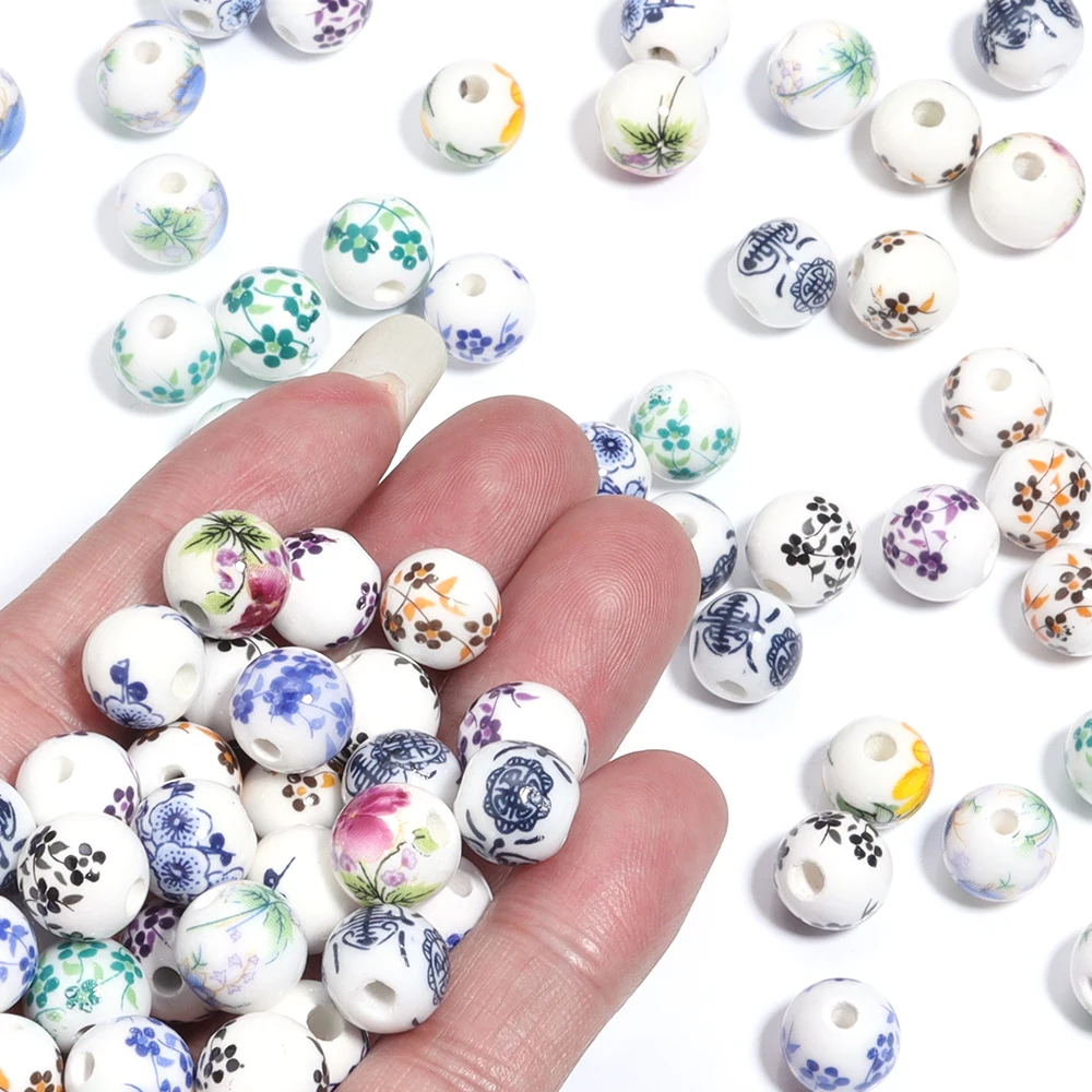 SAUVOO 50Pcs Handmade Blue And White Porcelain Beads 10mm Big Hole Flower Pattern Big Large Hole Ceramic Beads for DIY Jewelry