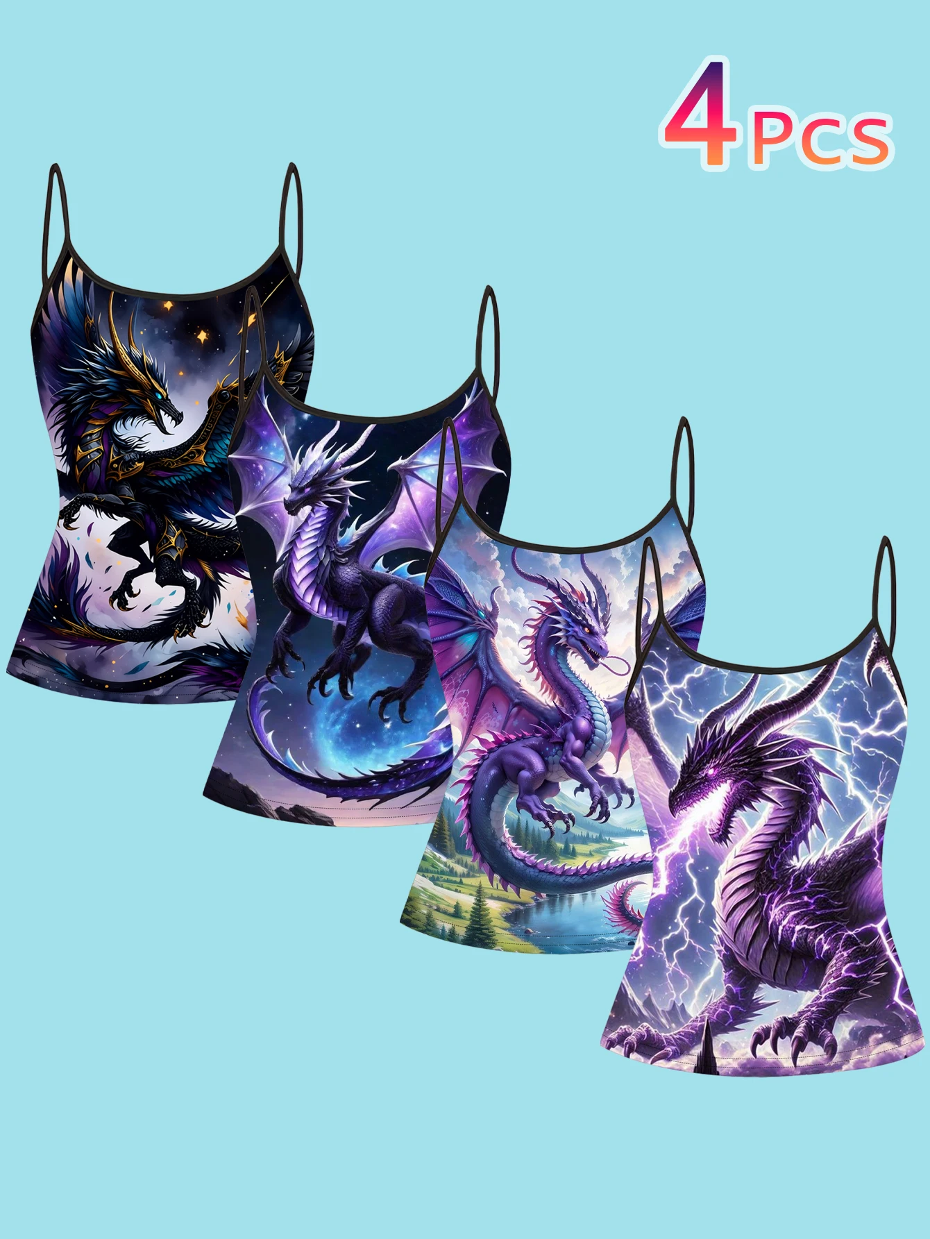 4-Piece Set of Women's Purple Fantasy Dragon Print Camisoles, Starry Sky Lightning Western Dragon Slim-Fit Spaghetti Strap Inner Tops