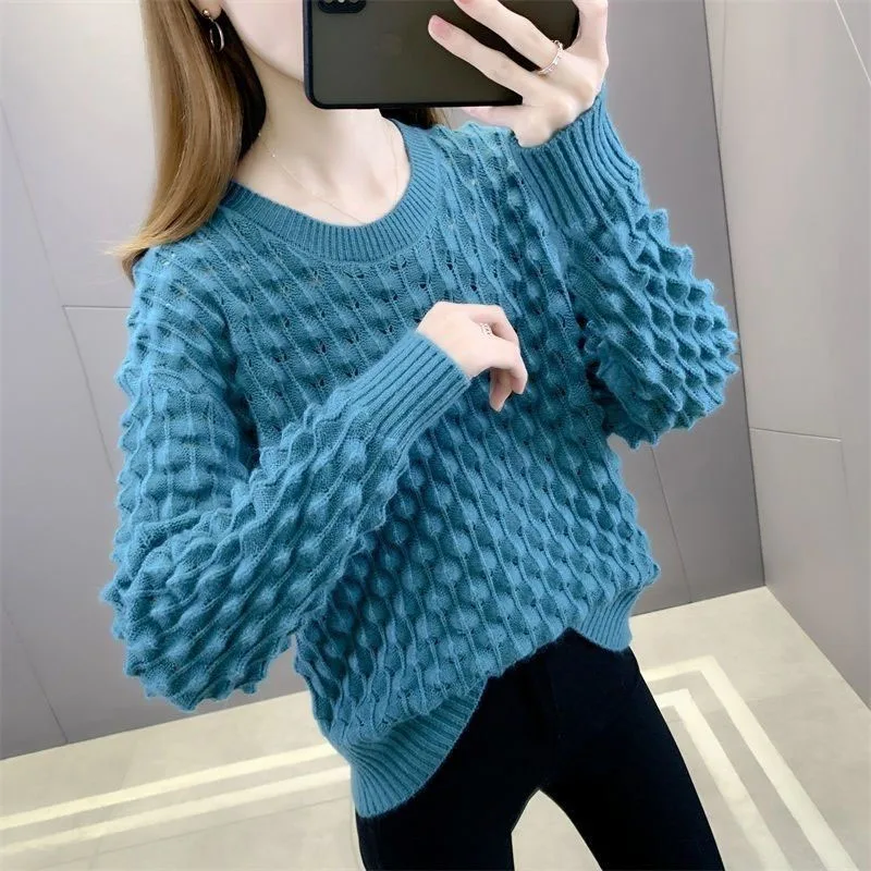 New Autumn/Winter Fashion Korean Edition Hollow Out Solid Round Neck Loose and Versatile Western Style Slim Women\'s Sweater