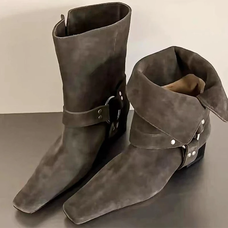 الكاحل الأحذية النسائية موضة منتصف الكعب أحذية جديدة الجلد المدبوغ مصمم أحذية الشتاء امرأة 2025 أشار تو فستان Mujer تشيلسي بوتاس #5