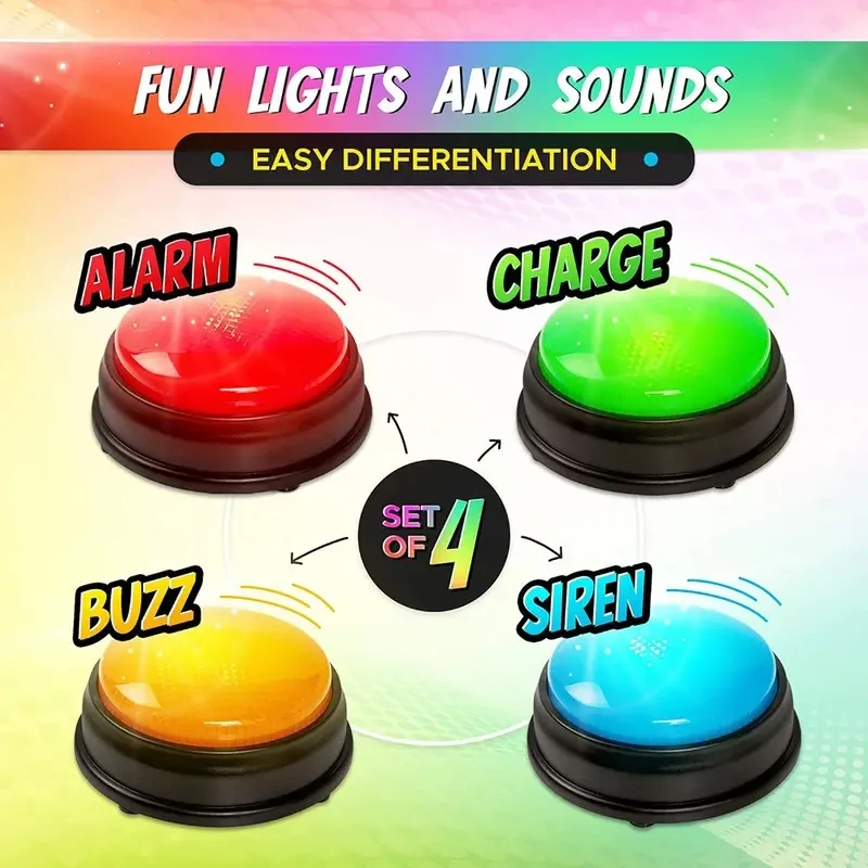 Cuzzers de respuesta para espectáculos de juegos Cuzzers de juego de 4 piezas con luces y sonidos Botones de zumbido para niños o adultos Perfecto