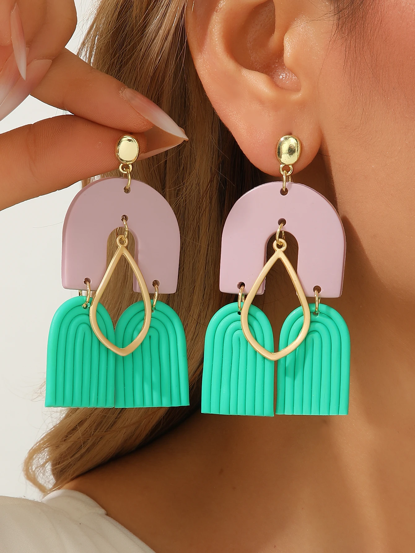 Boho Abstract Polymer Clay Earrings with Gold Foil Teardrop Charm Ribbed Arch Texture Geometric Drop Dangle Statement Jewelry Fo