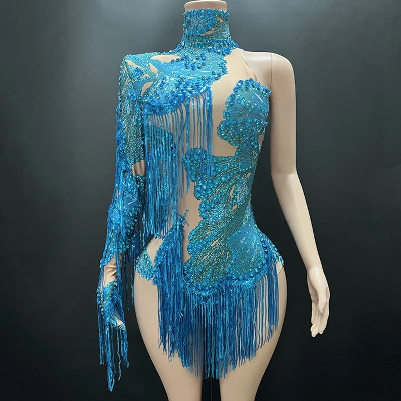 Viele Farben One Sleeve Strass Fransen Body Frauen Pole Dance Kleidung Drag Queen Outfit Bar Bühne Gogo Kostüm XS10380
