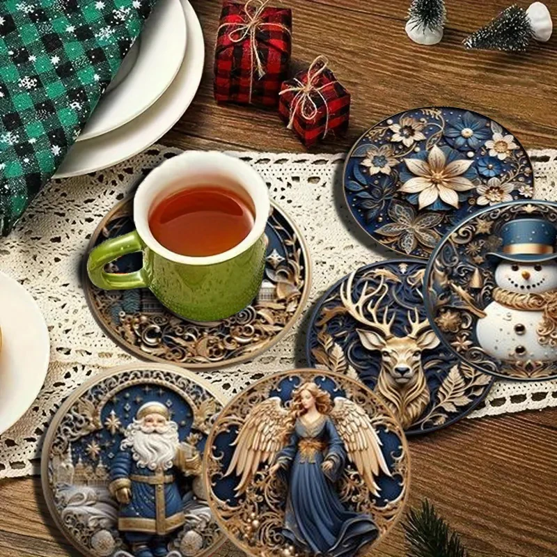 クリスマスをテーマにした木製プリントコースター6枚セットは、レストランやクリスマスギフトに適しています。