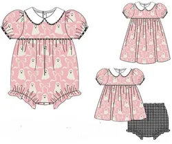 Halloween costume for baby girls Pink Ghost Print Short sleeve black and white plaid shorts 2-piece baby sibling suit