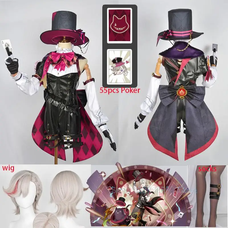 Genshin Impact Cosplay Lynette Lyney Cosplay Costume Wig Fontaine Magician Poker Card Uniform Halloween Party Twin Outfits