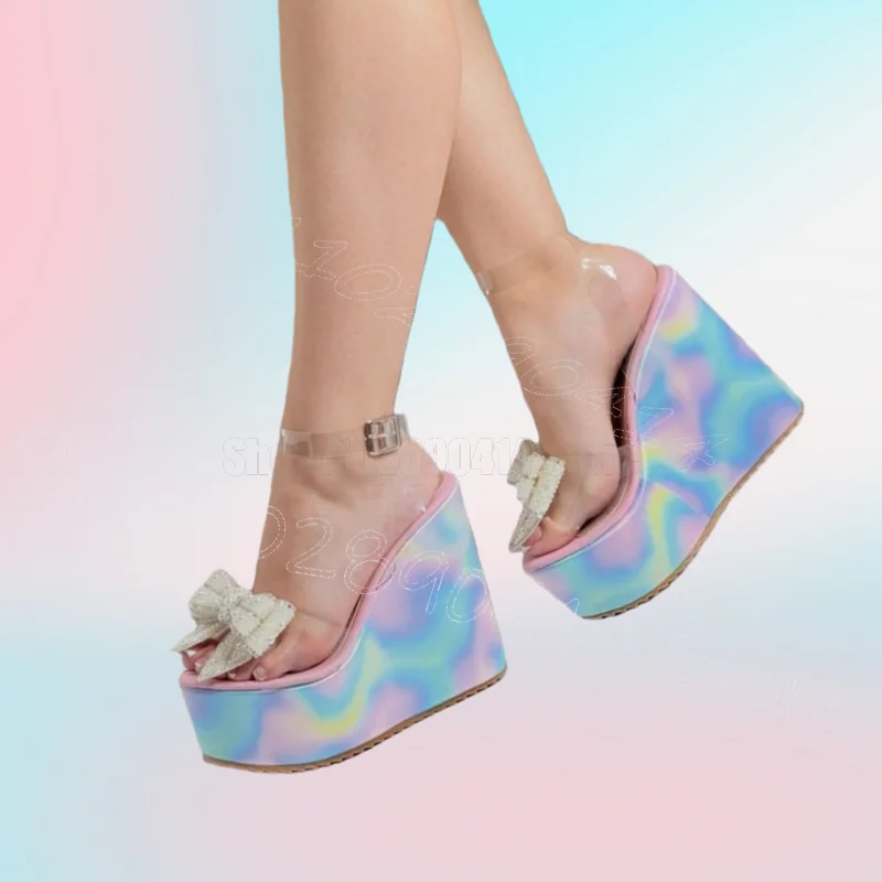 

White Bow Knot Colorful Print Wedges Heel Sandals Buckle Strap Women Shoes Open Toe Party Feast Dating 2026 Zapatos Para Mujere