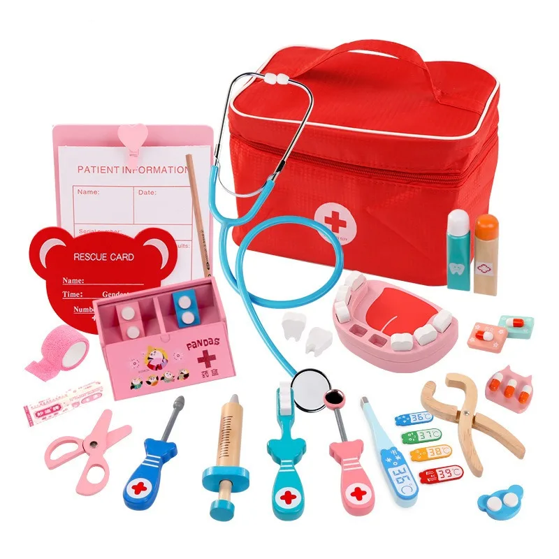 Wooden Simulation Doctor Toys Set for Children, Finge Play Kit, Estetoscópio Médico, Dentist Medicine Box, Jogos para Crianças, Menina e Menino