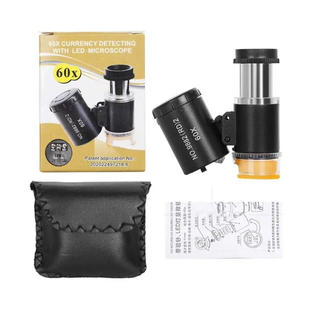 Portable 60X Mini Pocket Microscope Identification Antique Handheld Magnifying Glass LED UV Light