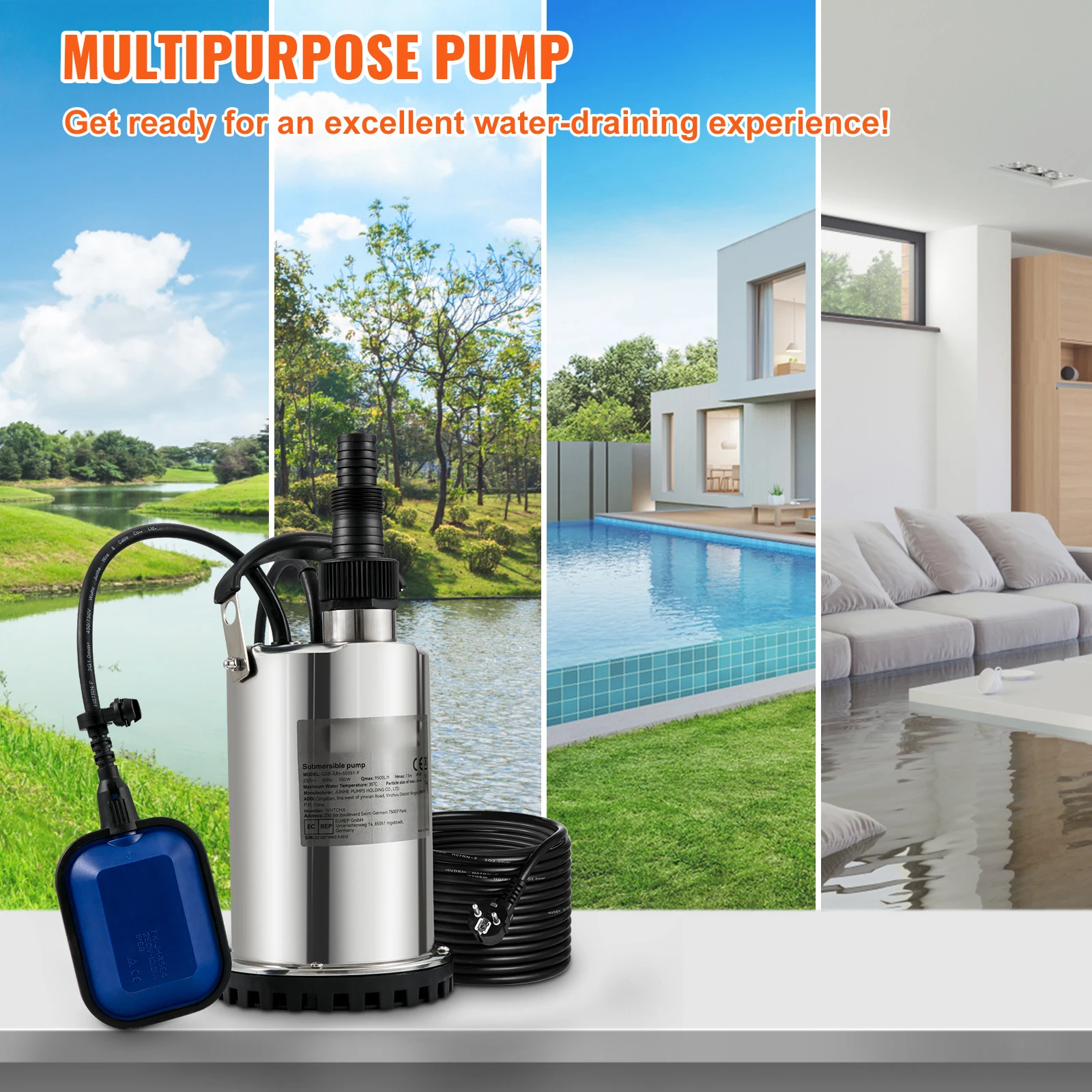 SucceBuy Submersible Sewage Pump Sump Water Pump 550W-2200W for Water Removal from Swimming Pools Basements Hot Tubs
