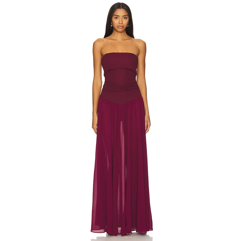 

Simple Evening Dresses 2025 Spandex Sheath/Column Party Gown Burgundy Strapless Pleat Clubbing Maxi Dress