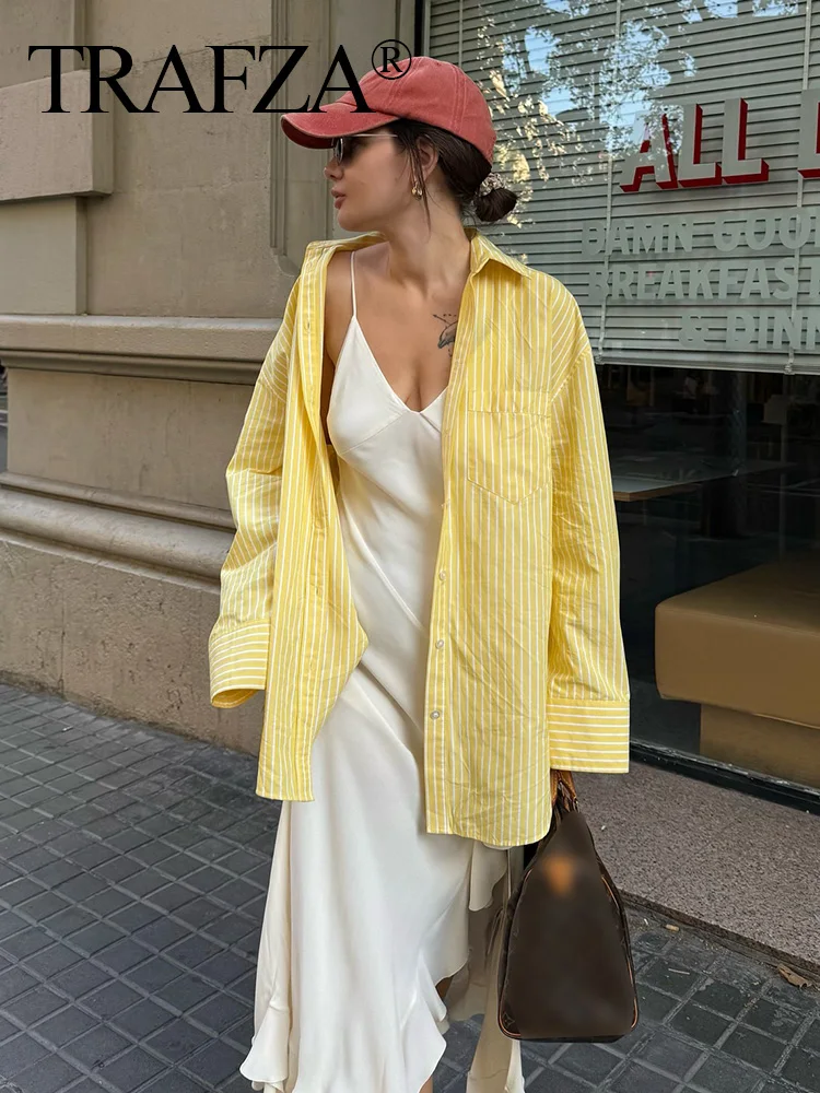 TRAFZA Women Striped Shirt Casual Yellow Lapel Long Sleeve Blouses Oversized Single Breasted Loose Shirt Top Female Elegant Top