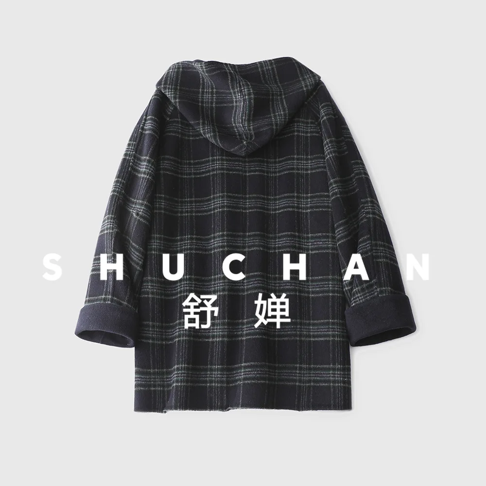 Korean Plaid Hemming Hooded Double-sided Tweed Coat Women Lazy Retro Casacos Femininos Inverno 2025